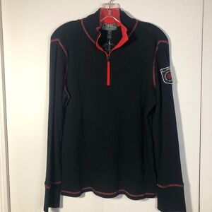 Ralph Lauren Women's Thermal 1/4 zip Black/Red LS Rib Knit Top Snowflake, XLarge